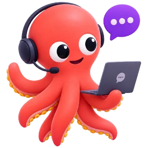The OctoKeep octopus wearing a headset and holding a laptop, with a speech bubble.
